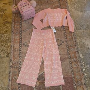 Kids Pink Knit Pajama Set with Teddy Pattern and matching mini bookbag